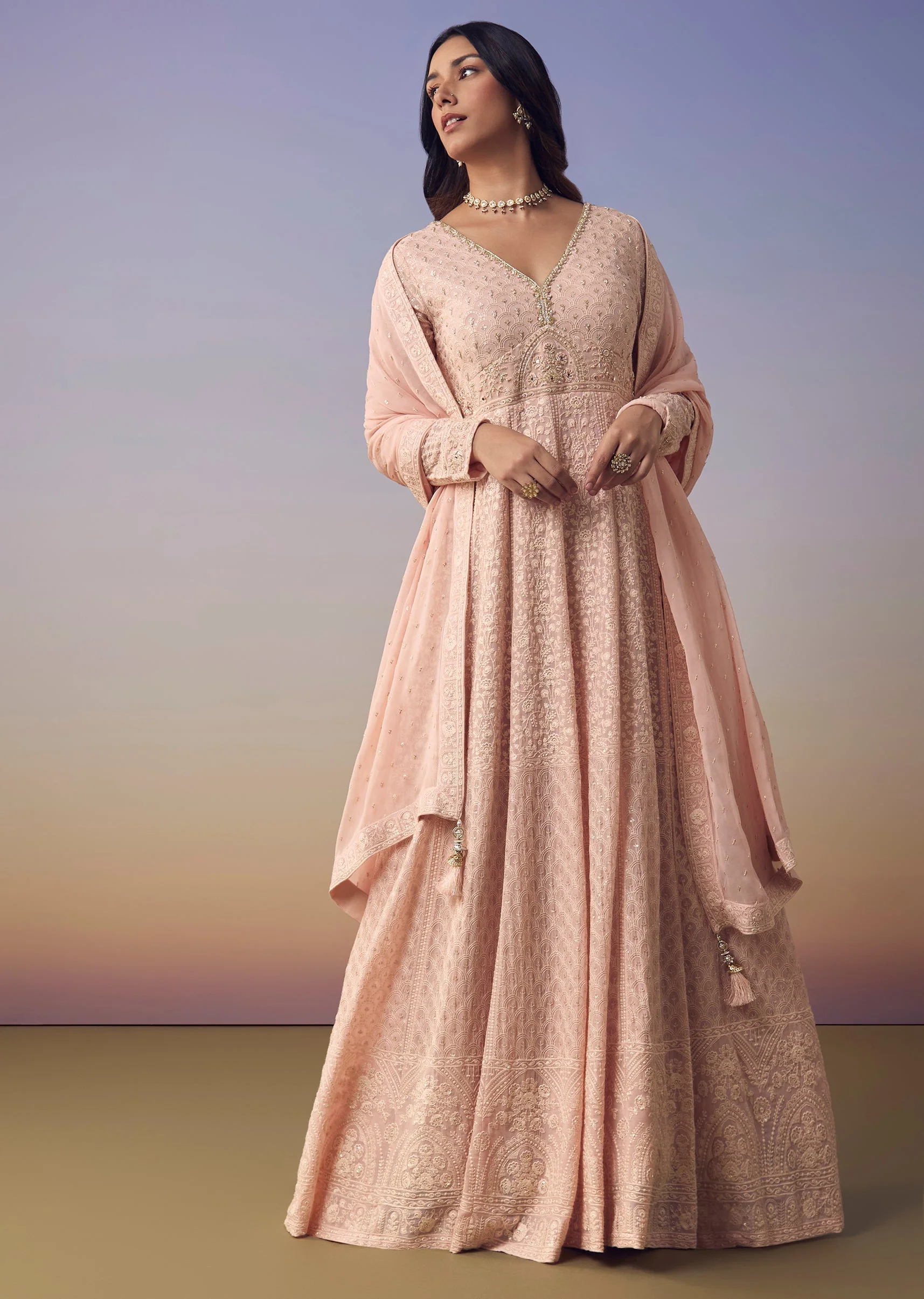 Pink Georgette Lucknowi Anarkali with Dupatta