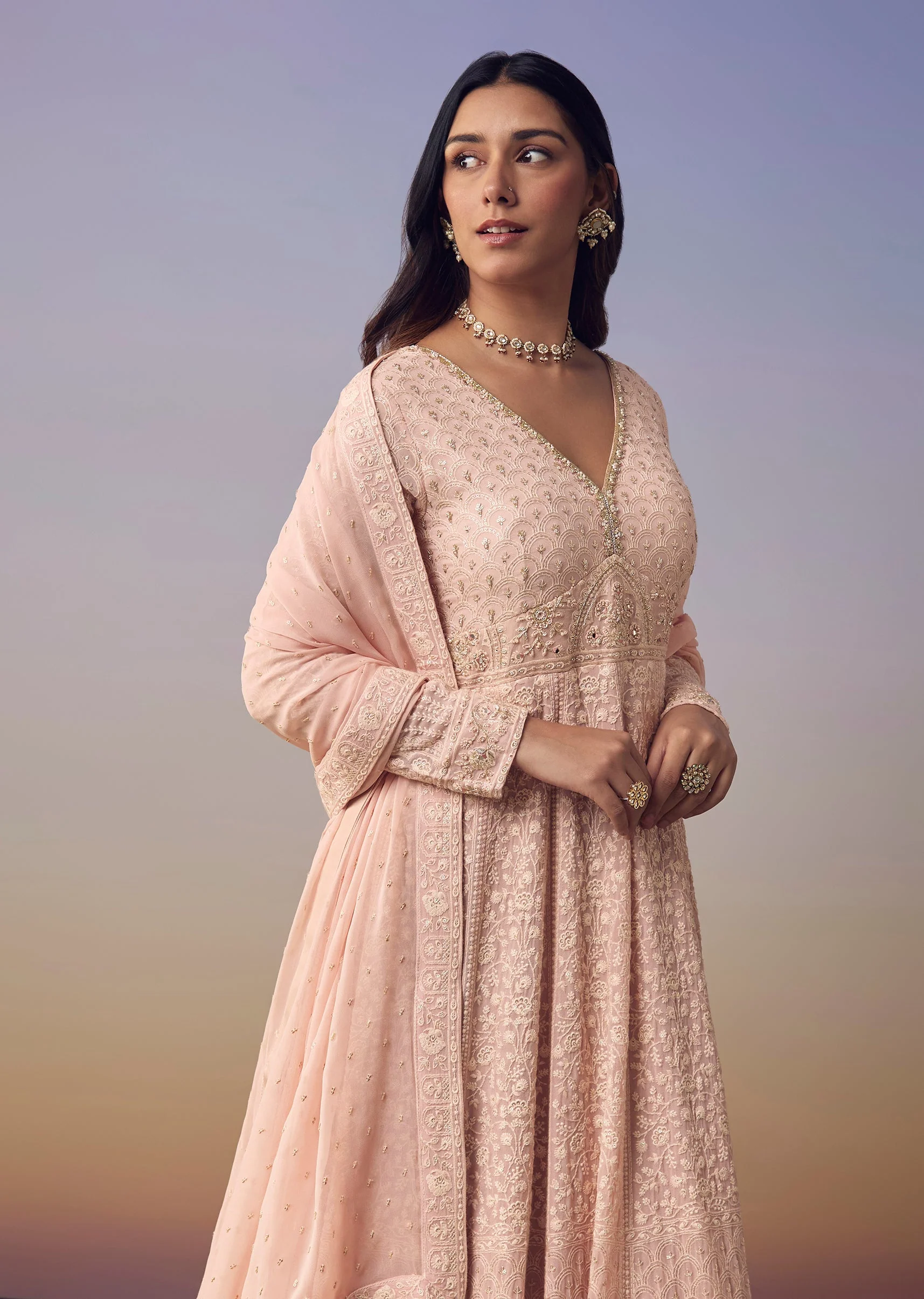 Pink Georgette Lucknowi Anarkali with Dupatta