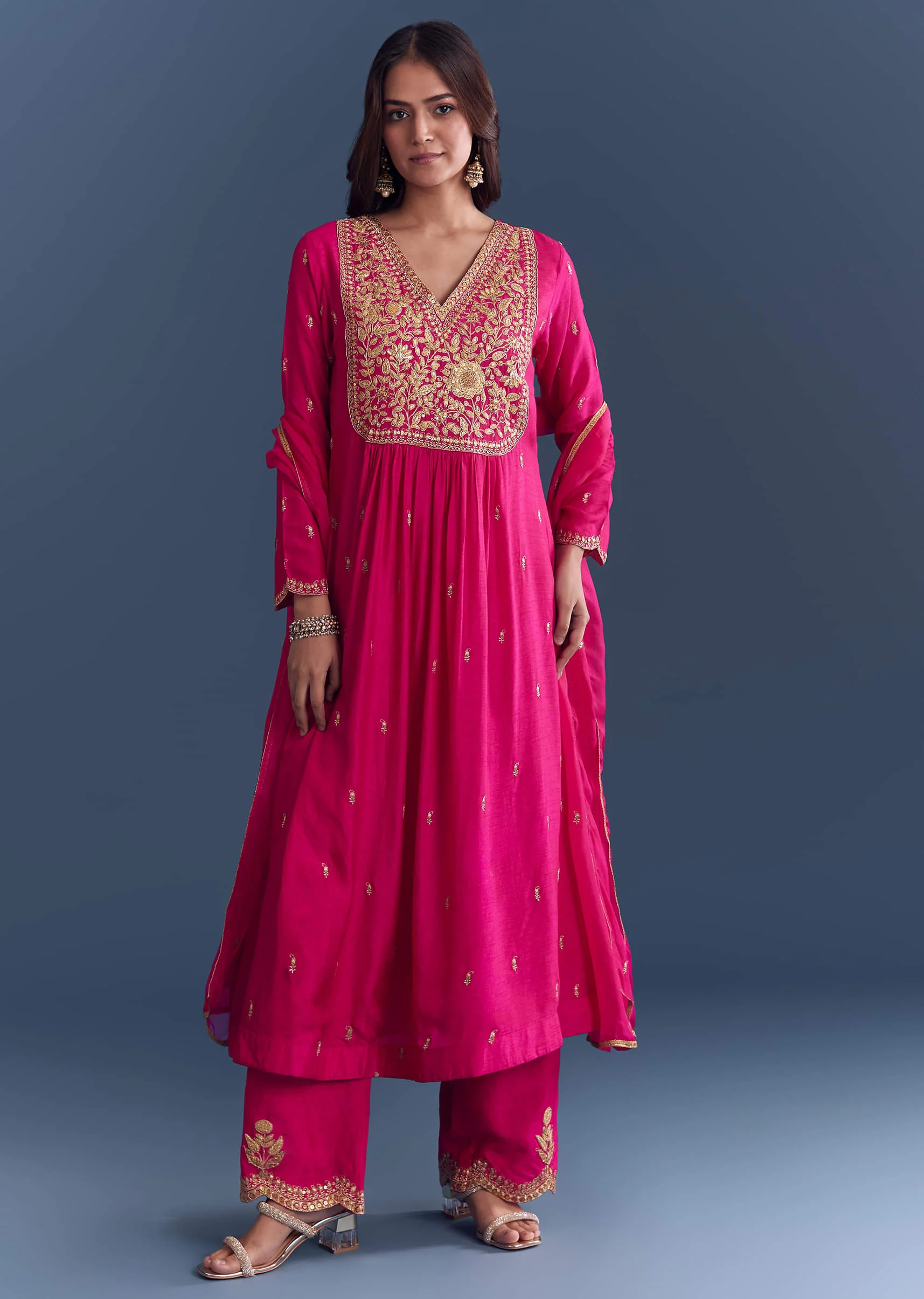 Pink Silk Anarkali Suit With Zari Thread Embroidery