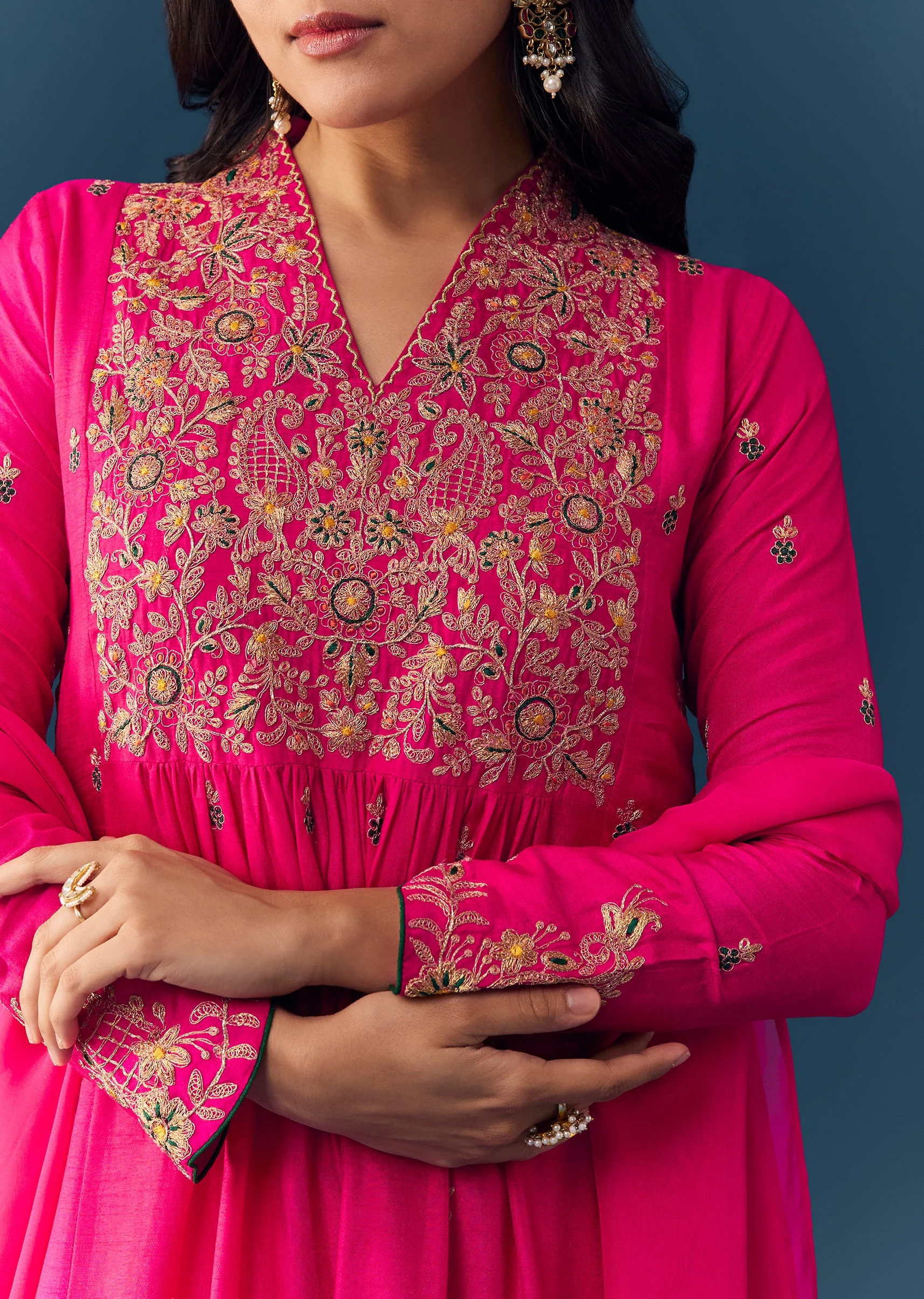 Pink Raw Silk Zari Embroidered Anarkali Set