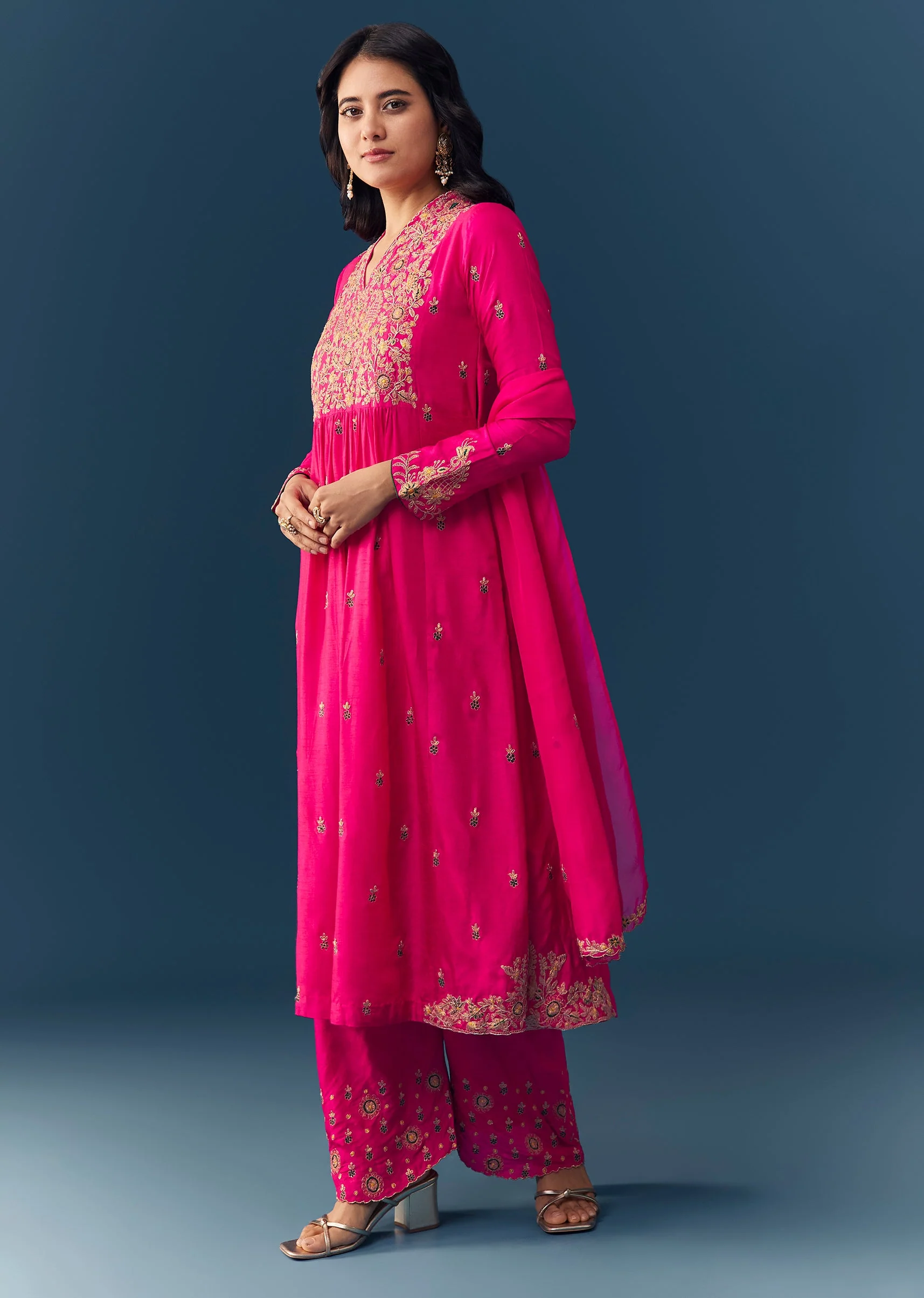 Pink Raw Silk Zari Embroidered Anarkali Set
