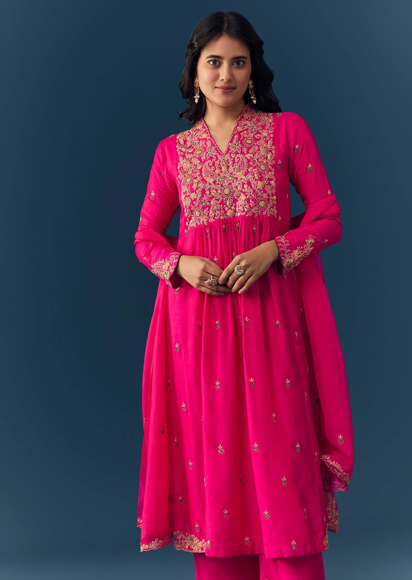 Pink Raw Silk Zari Embroidered Anarkali Set