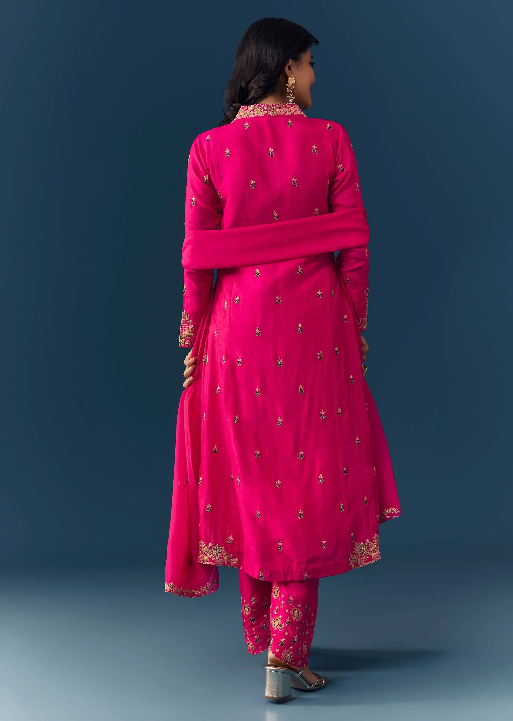 Pink Raw Silk Zari Embroidered Anarkali Set