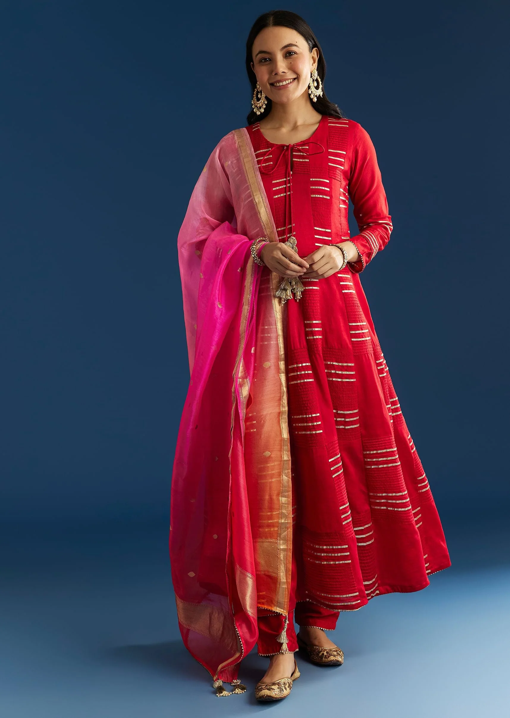 18119-red-chanderi-gotta-work-anarkali-with-ombre-zari-butti-organza-dupatta-1.webp Red Chanderi Gotta Work Anarkali With Ombre Zari Butti Organza Dupatta