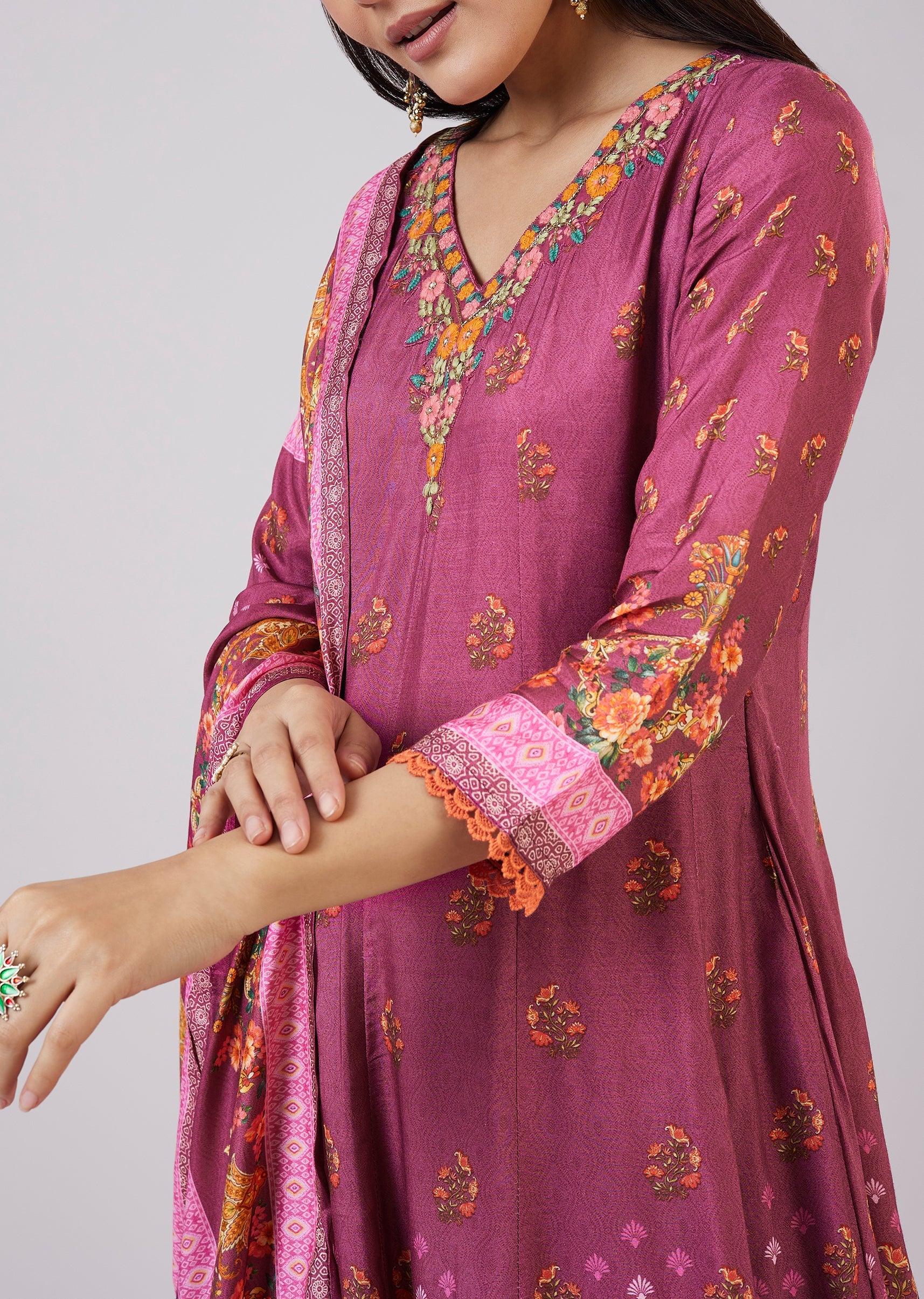 Purple Muslin Anarkali Set With Thread Work