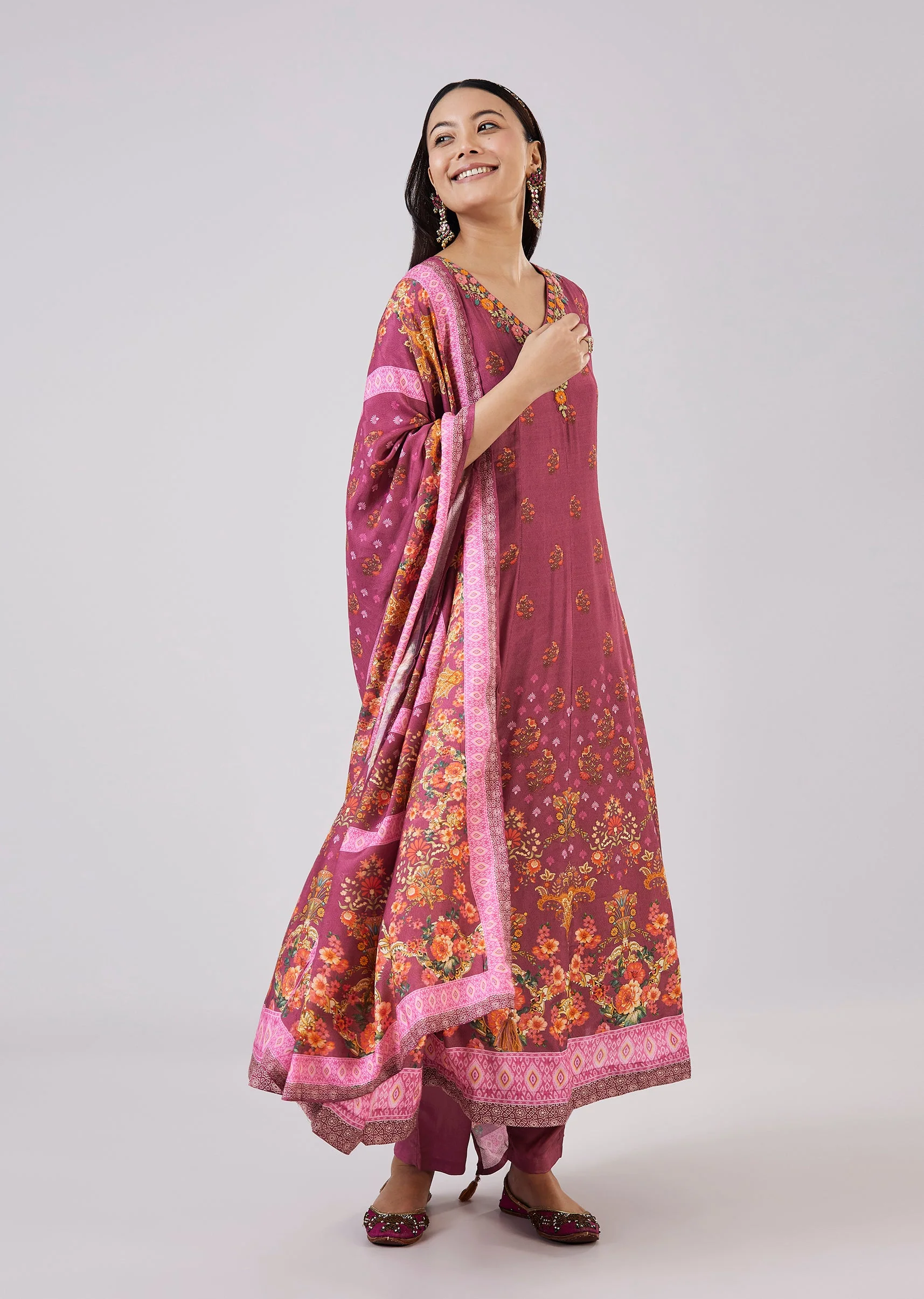 Purple Muslin Anarkali Set With Thread Work
