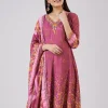 Purple Muslin Anarkali Set With Thread Work