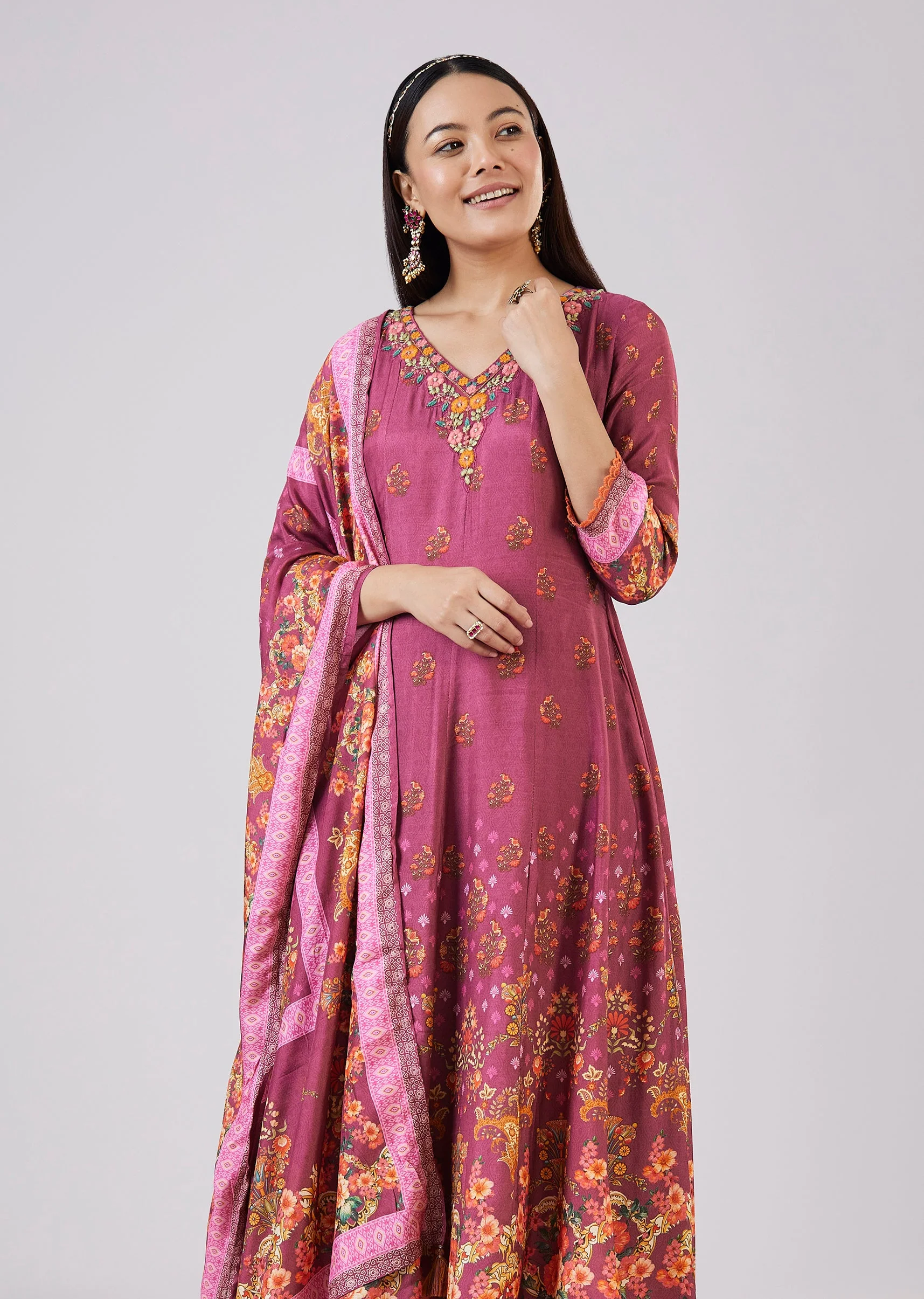 Purple Muslin Anarkali Set With Thread Work