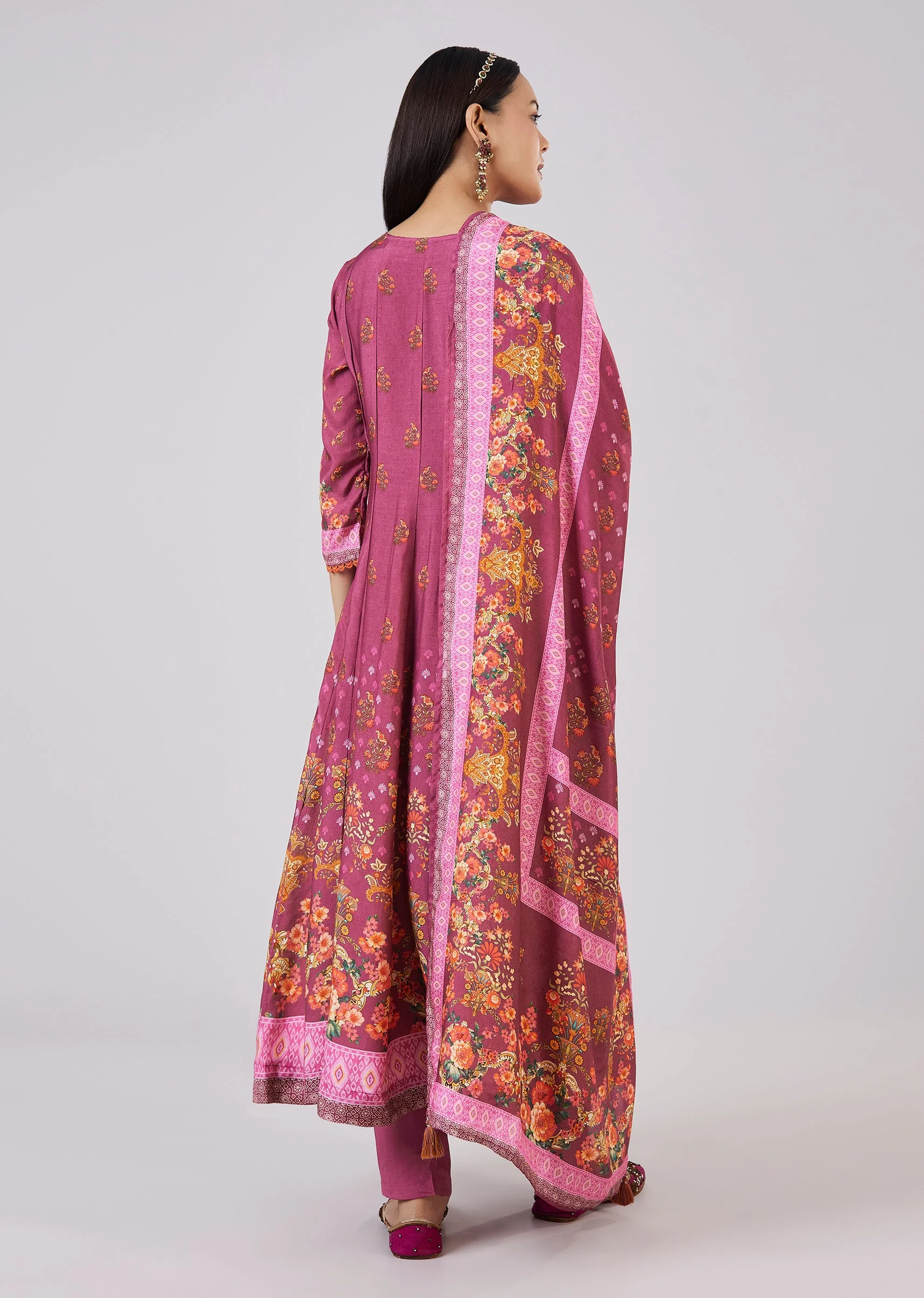 Purple Muslin Anarkali Set With Thread Work