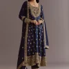 Dark Blue Chinon Zari Embroidered Anarkali Suit With Dupatta
