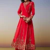 Red Silk Anarkali Suits with Cut Dana Sequins Work