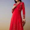 Red Silk Anarkali Suits with Cut Dana Sequins Work