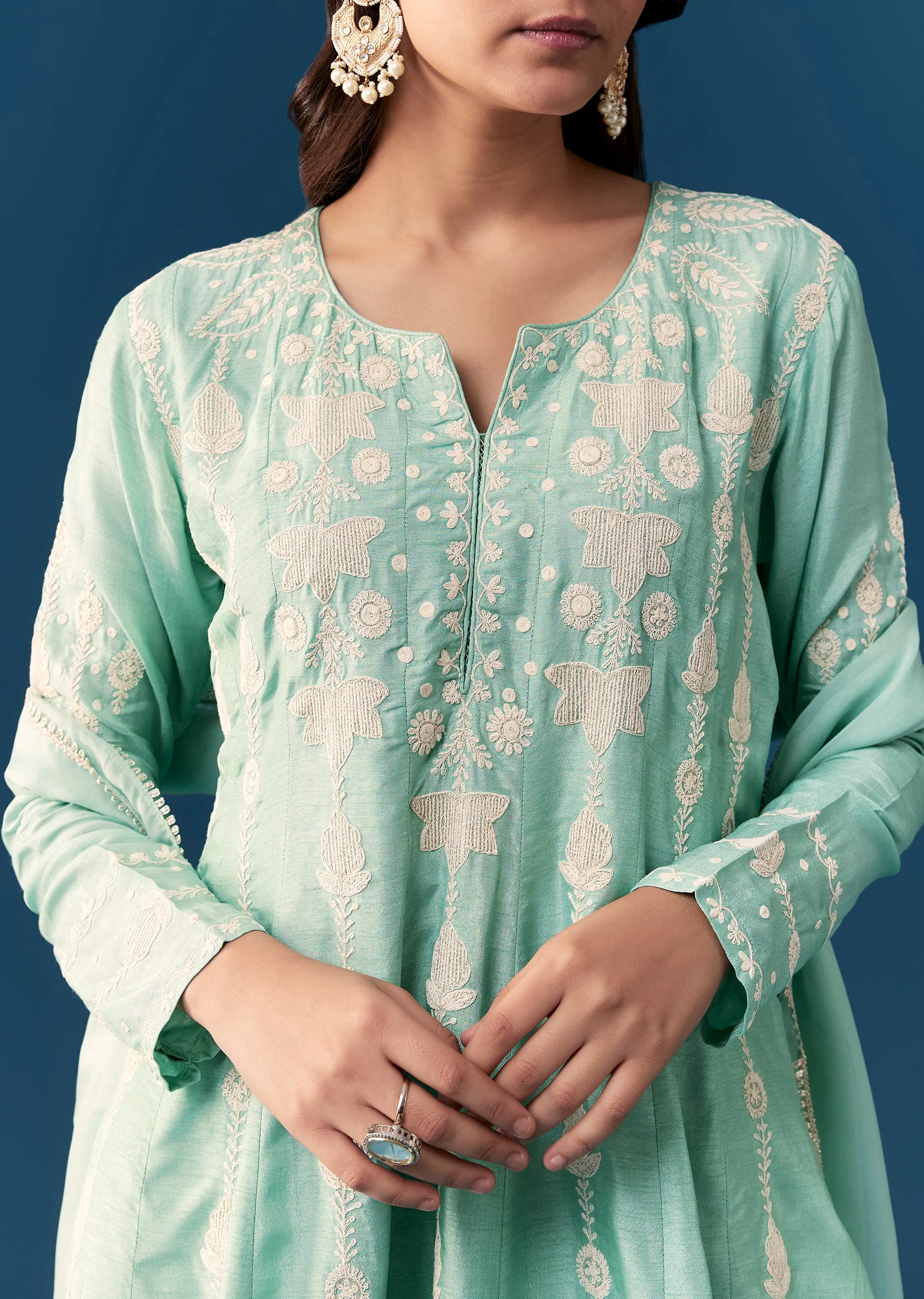 Blue Peplum Pakistani Style Anarkali Suit Thread Work With Dupatta