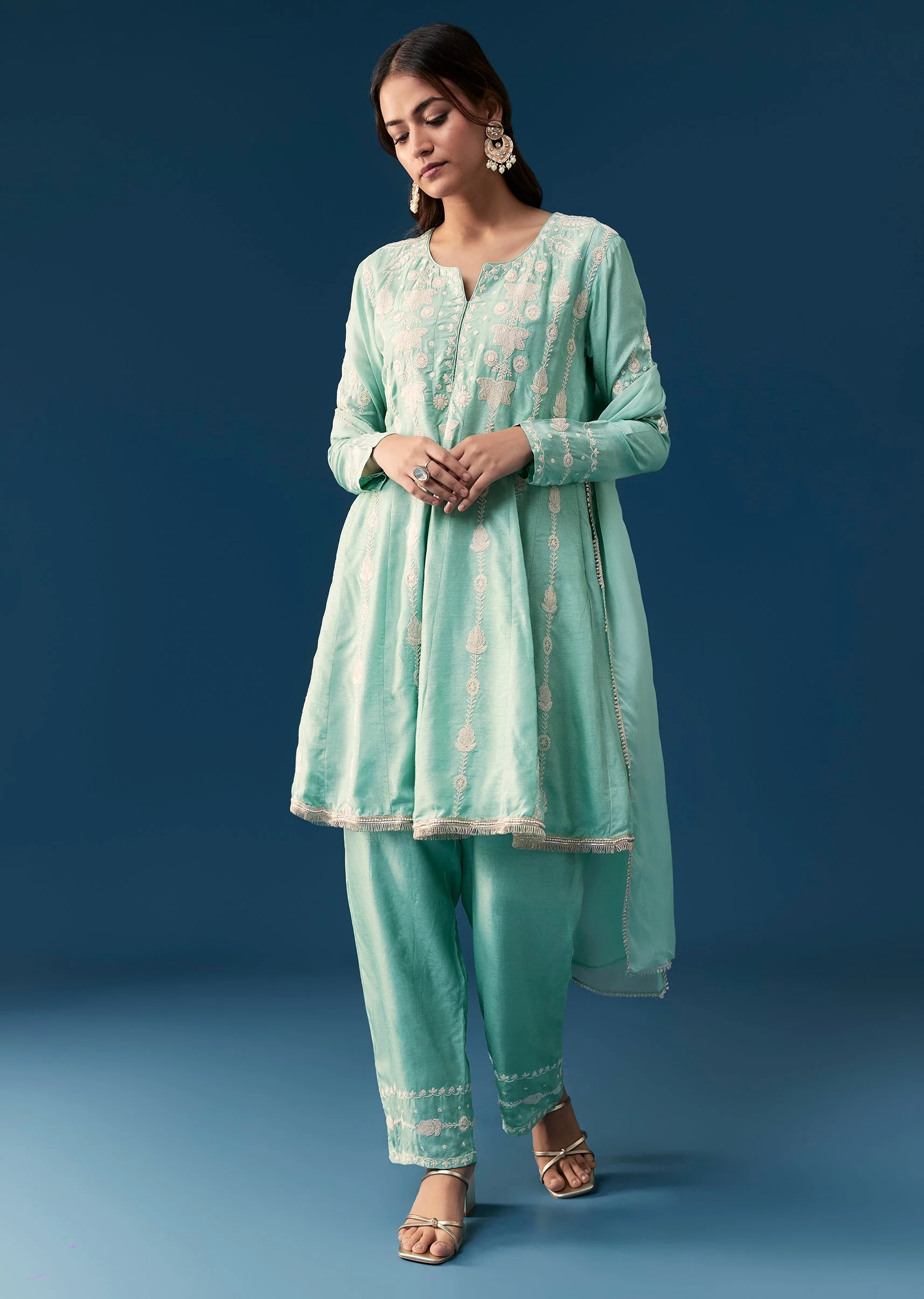 Blue Peplum Pakistani Style Anarkali Suit Thread Work With Dupatta