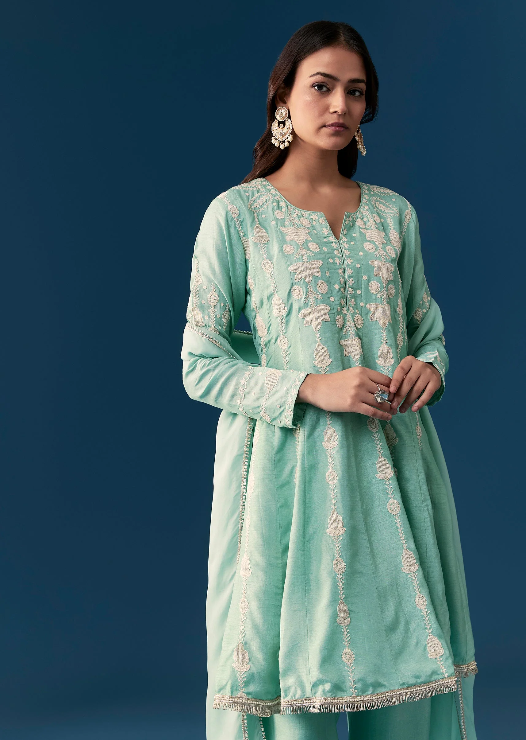 Blue Peplum Pakistani Style Anarkali Suit Thread Work With Dupatta