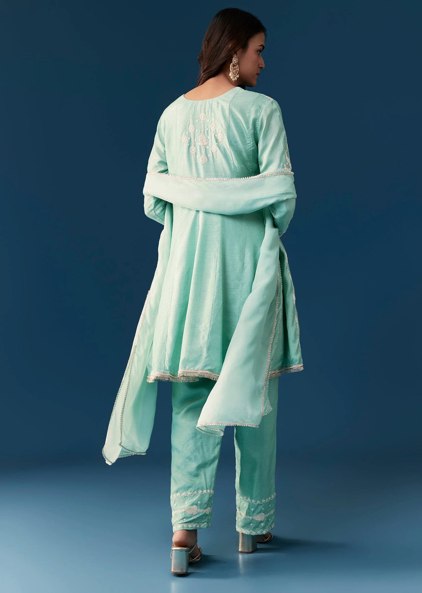 Blue Peplum Pakistani Style Anarkali Suit Thread Work With Dupatta