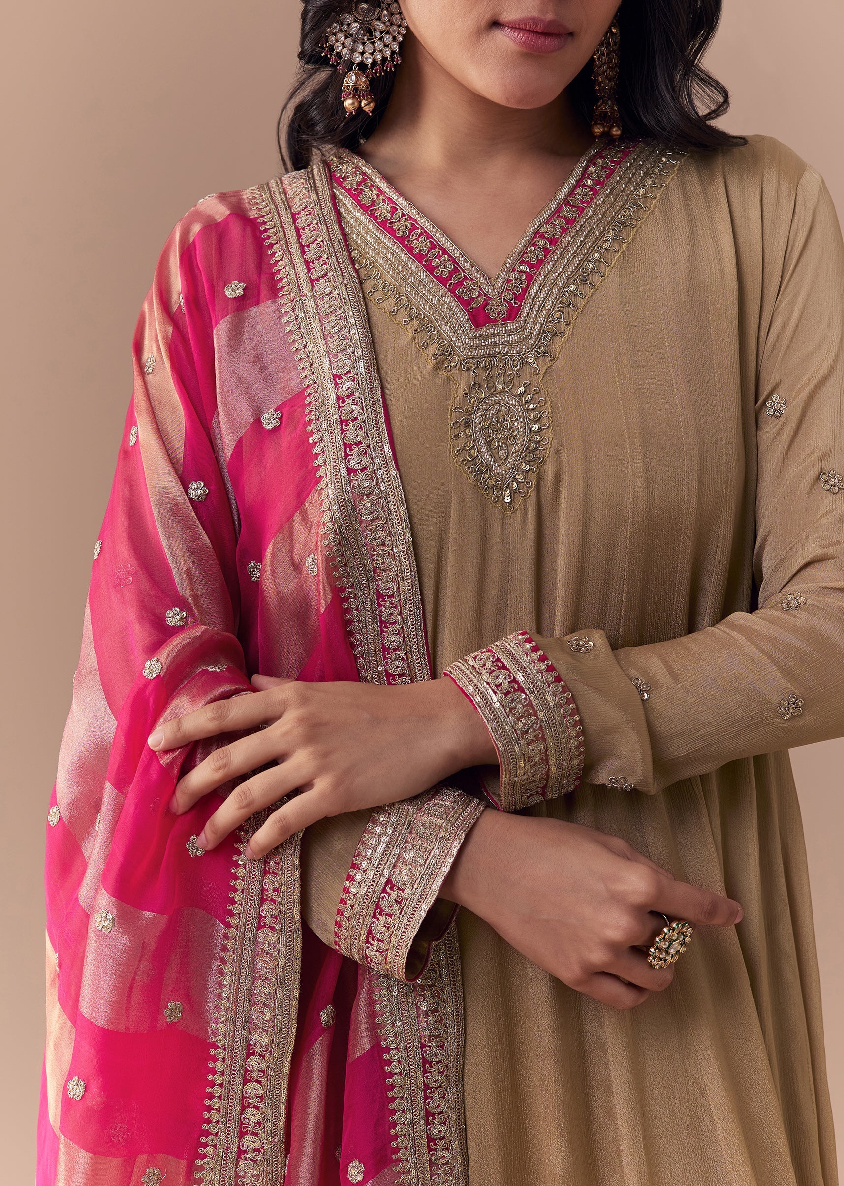 Gold Zardozi Embellished Chinon Anarkali with Dupatta