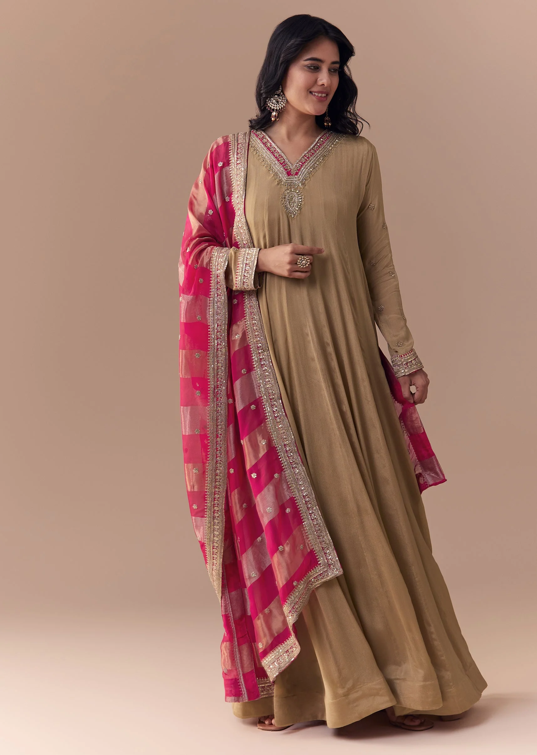 Gold Zardozi Embellished Chinon Anarkali with Dupatta