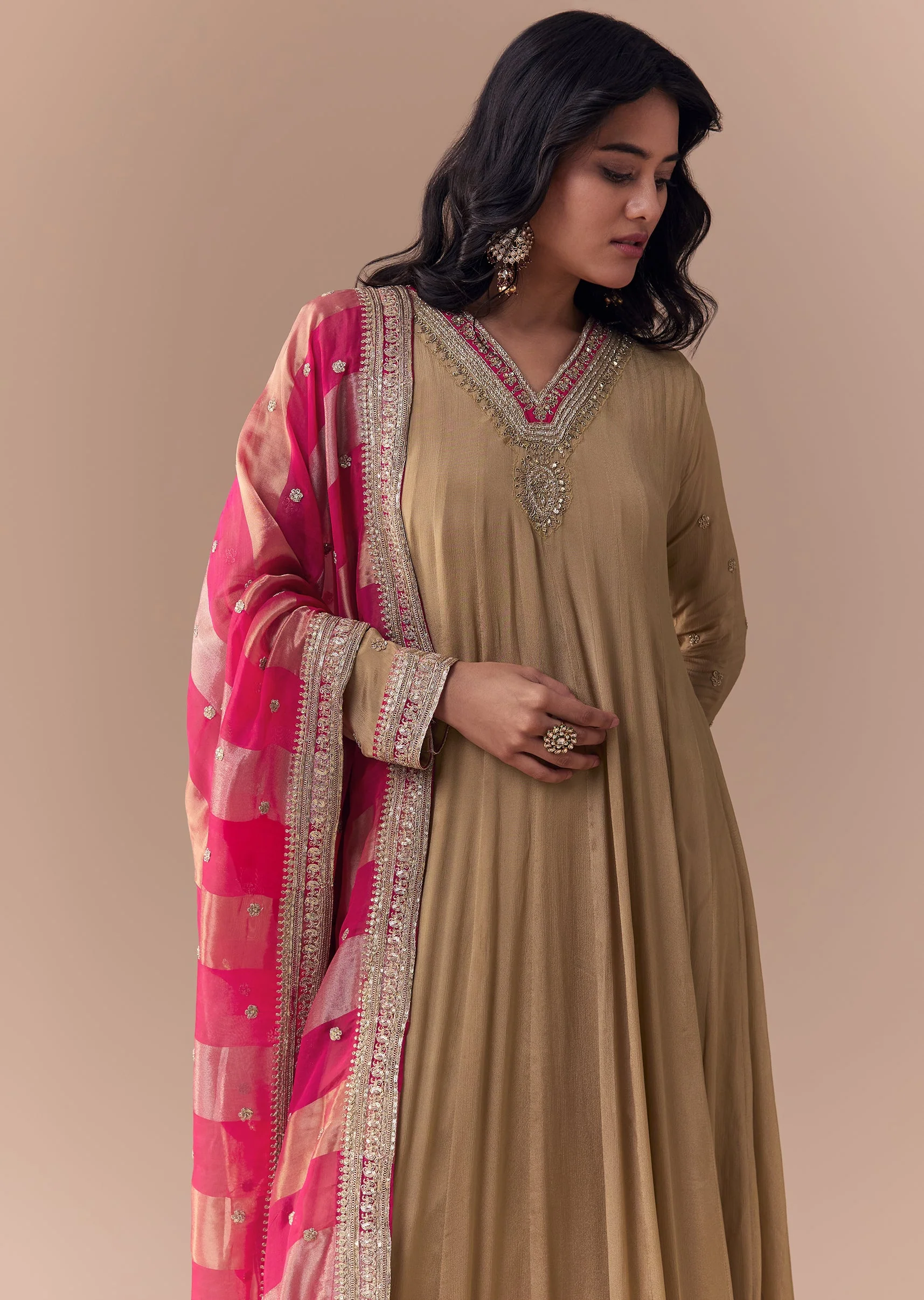 Gold Zardozi Embellished Chinon Anarkali with Dupatta