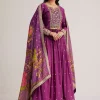 Purple Embroidered Anarkali Suit With Floral Dupatta