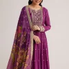 Purple Embroidered Anarkali Suit With Floral Dupatta