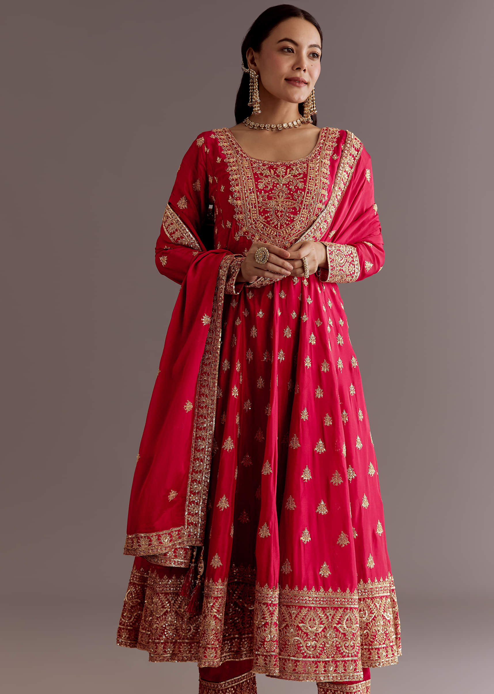 18231-red-chinon-zari-sequin-anarkali-suit-with-dupatta-1.jpg Red Chinon Zari Sequin Anarkali Suit With Dupatta