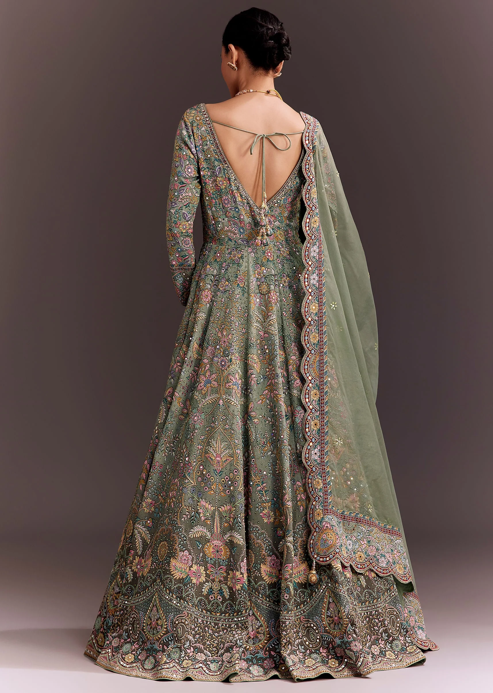 Green Ombre Embroidered Anarkali With Organza Dupatta