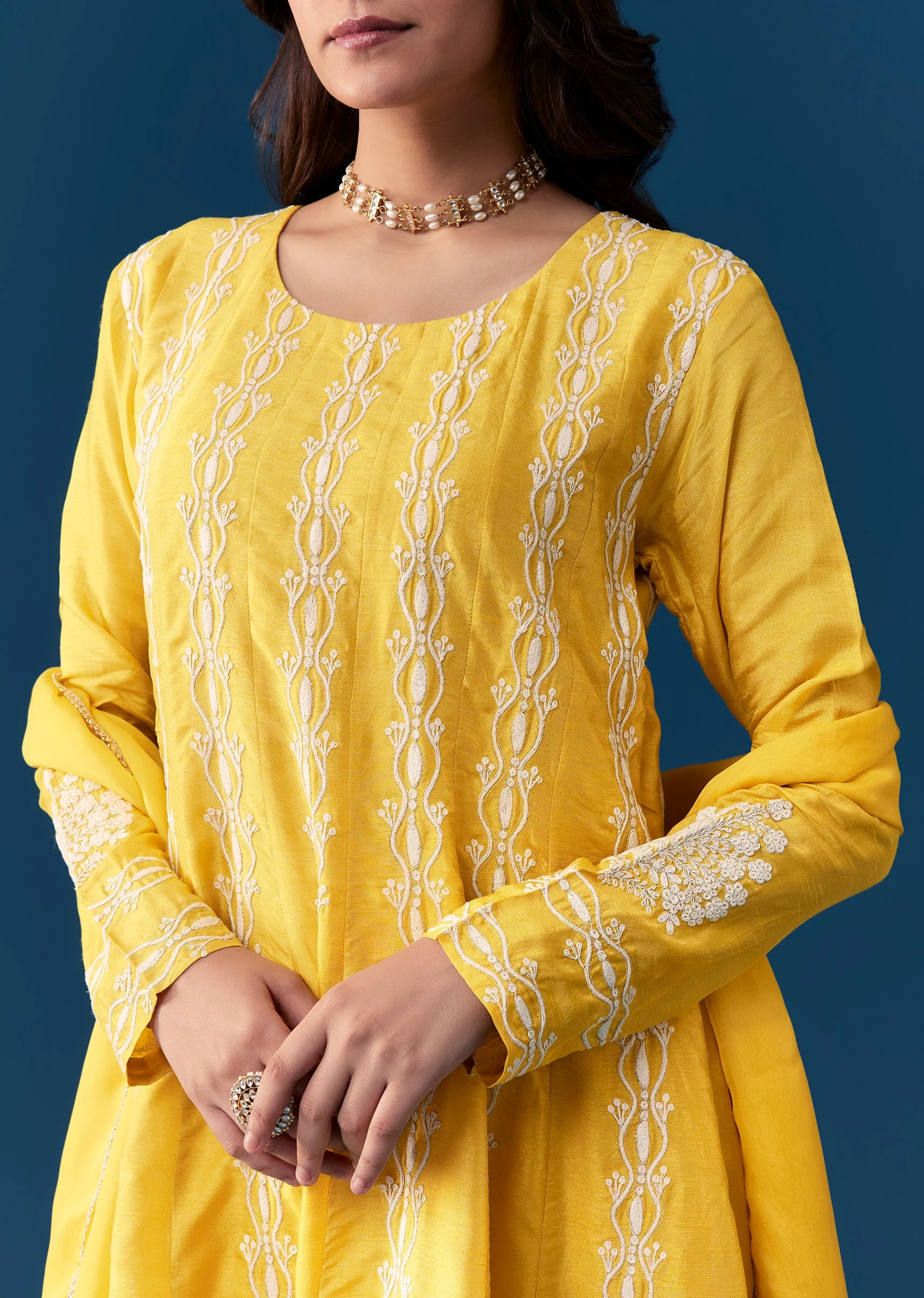Yellow Pastel Pakistani Style Anarkali Suit With Thread Work