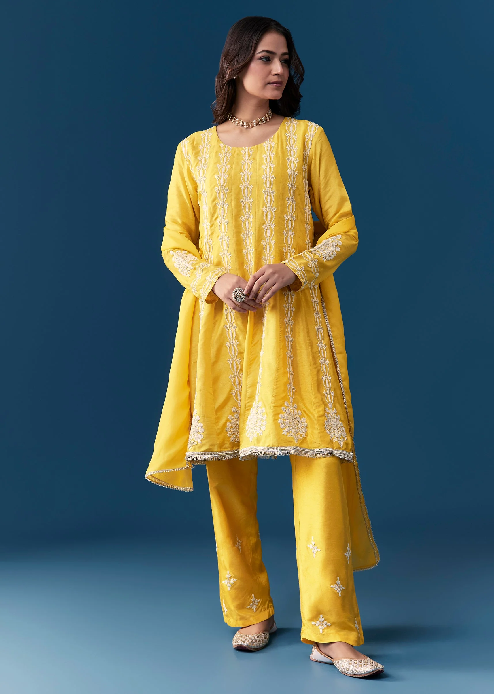 Yellow Pastel Pakistani Style Anarkali Suit With Thread Work