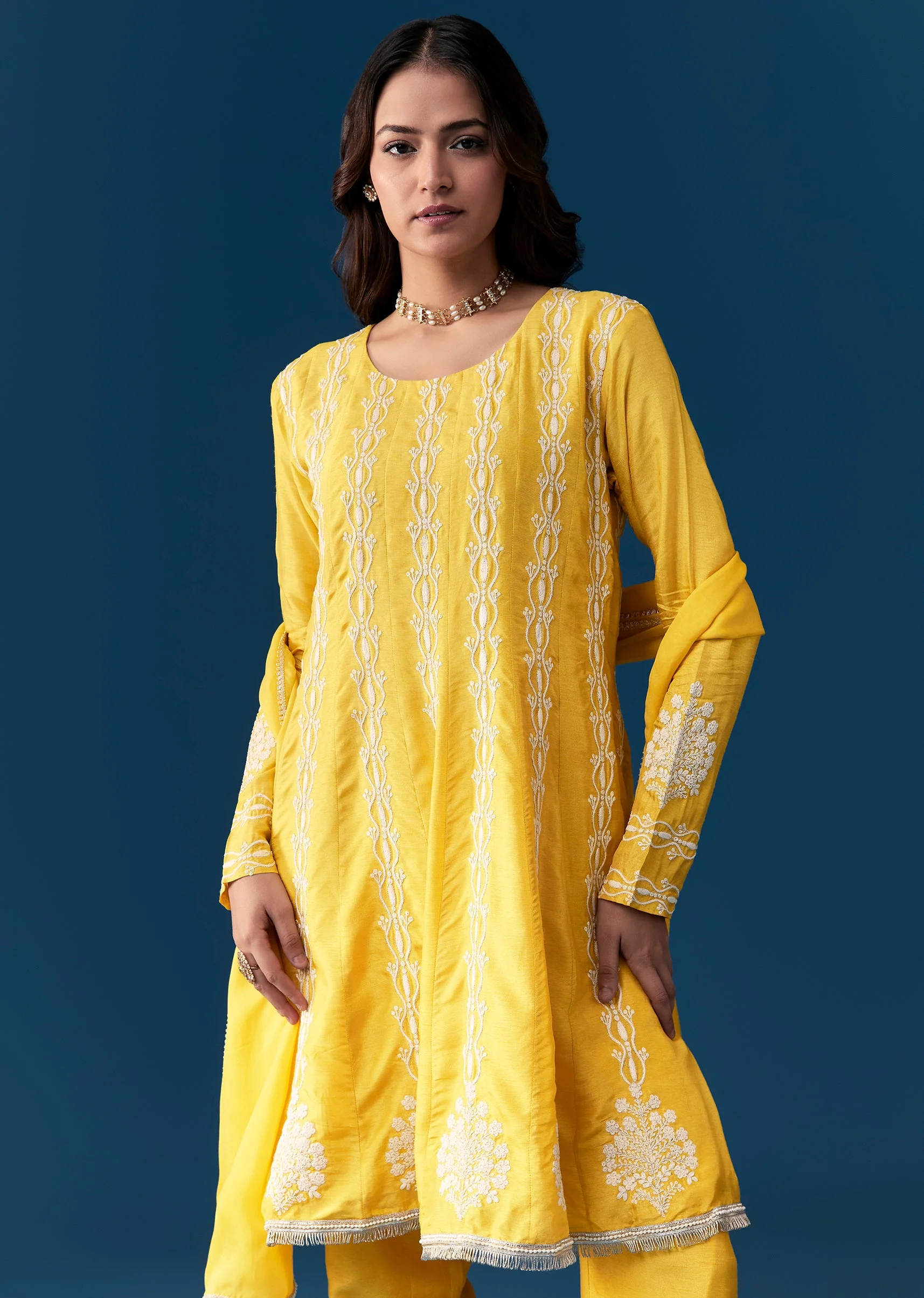 Yellow Pastel Pakistani Style Anarkali Suit With Thread Work