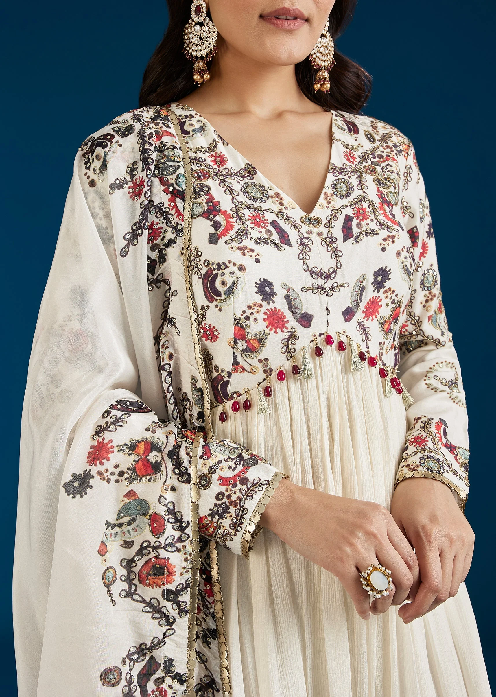 White Printed Chinon Anarkali Suit With Dupatta