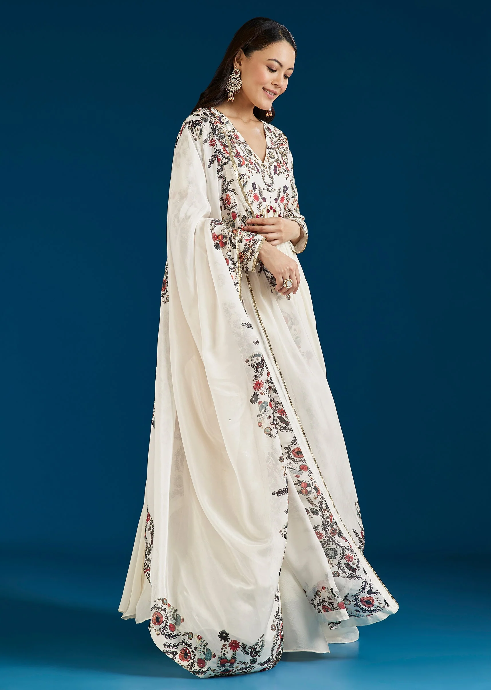 White Printed Chinon Anarkali Suit With Dupatta