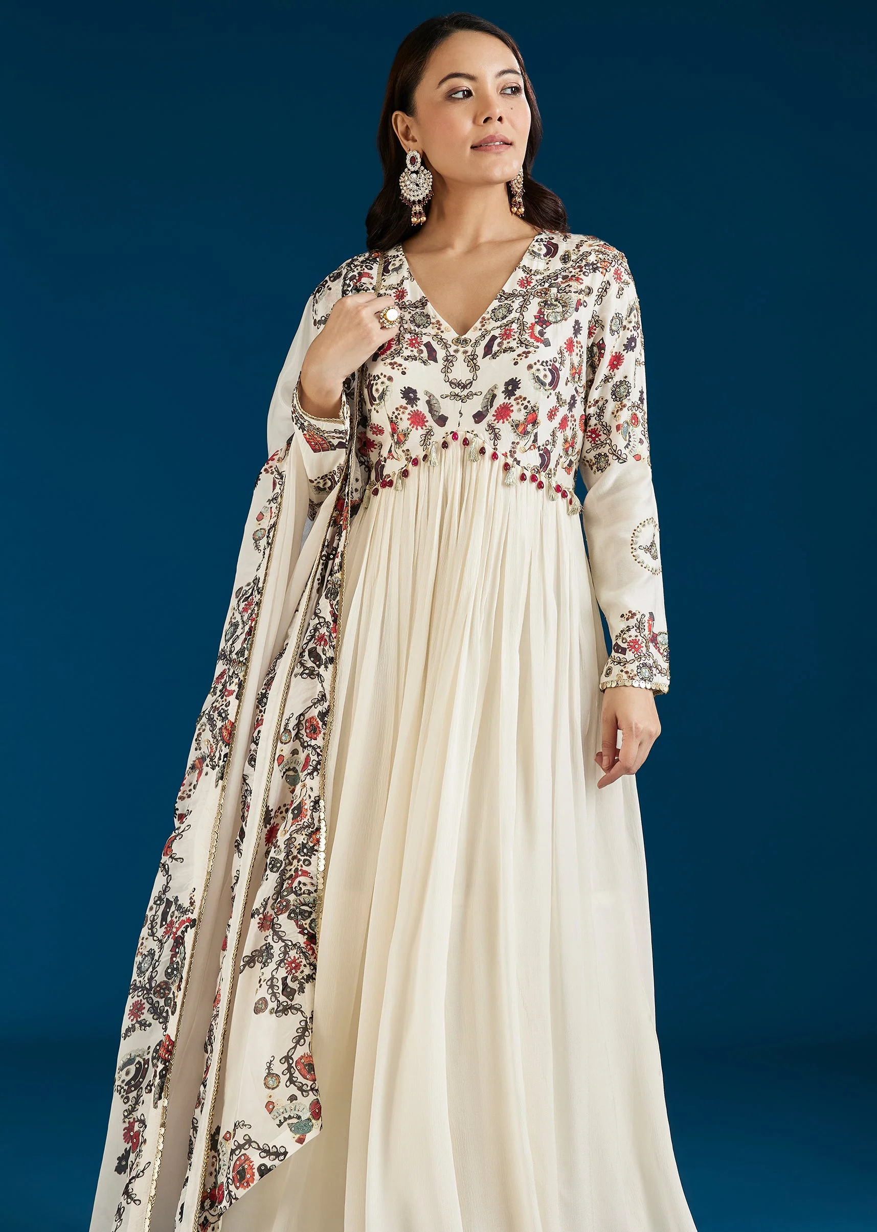 White Printed Chinon Anarkali Suit With Dupatta