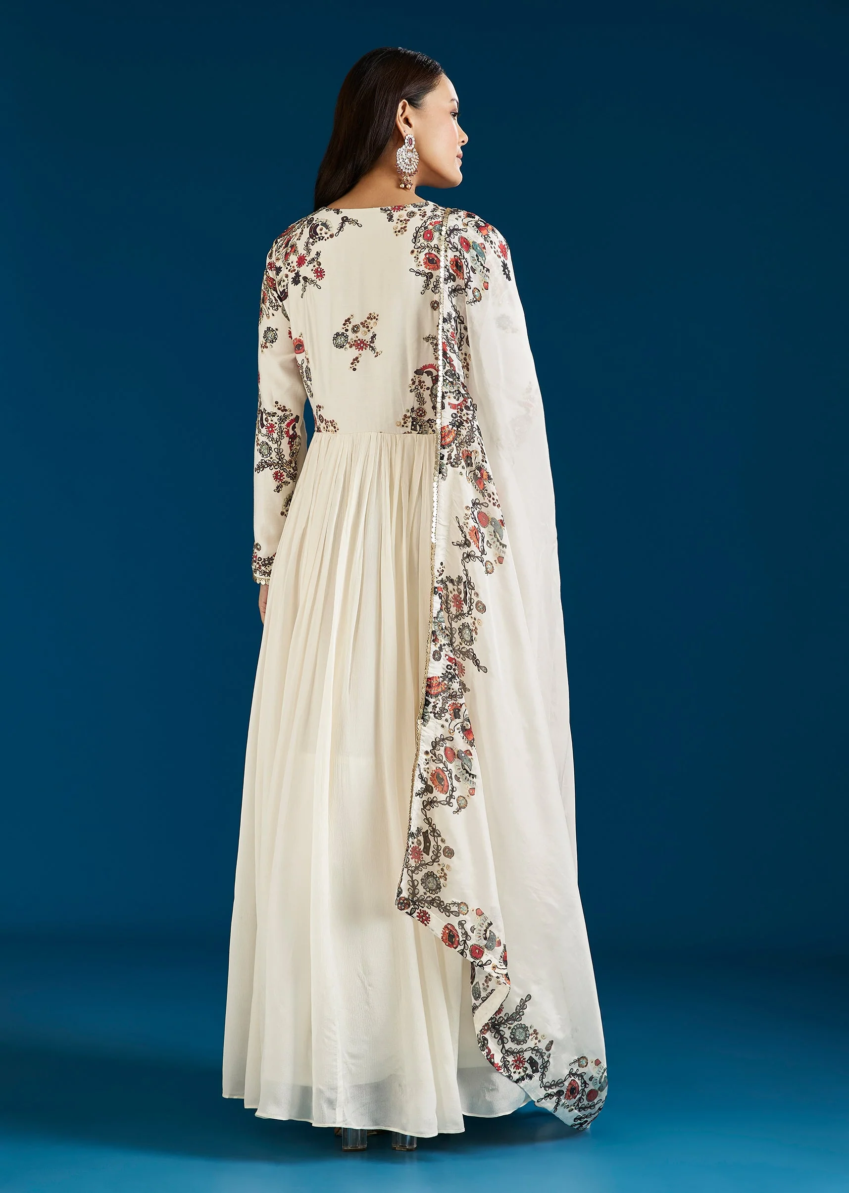 White Printed Chinon Anarkali Suit With Dupatta