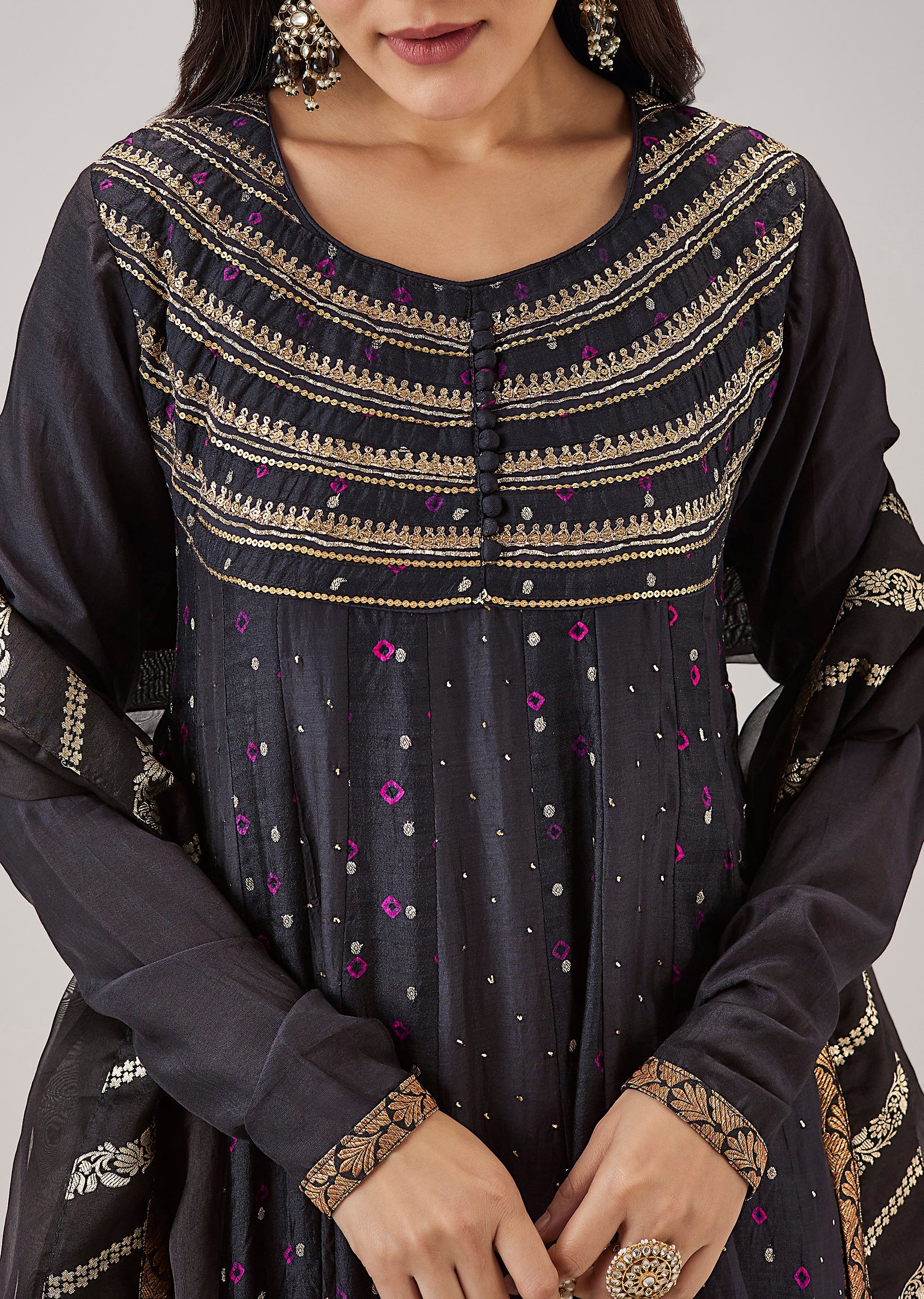 Black Bandhani Banarasi Silk Anarkali With Mukaish Work