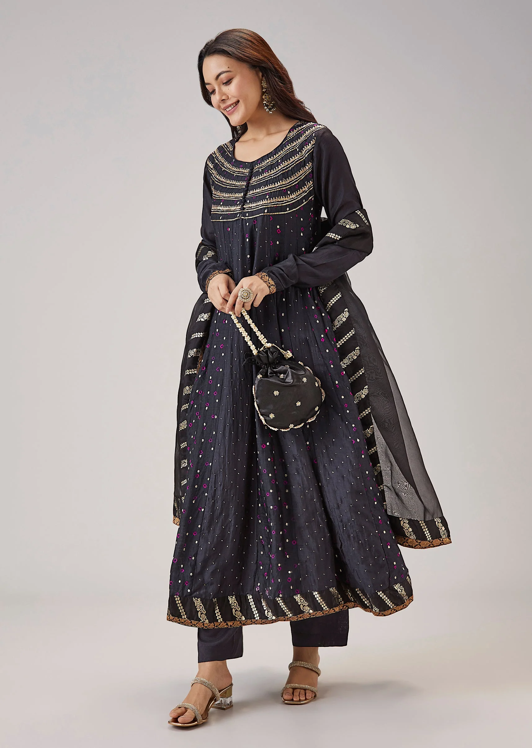 Black Bandhani Banarasi Silk Anarkali With Mukaish Work