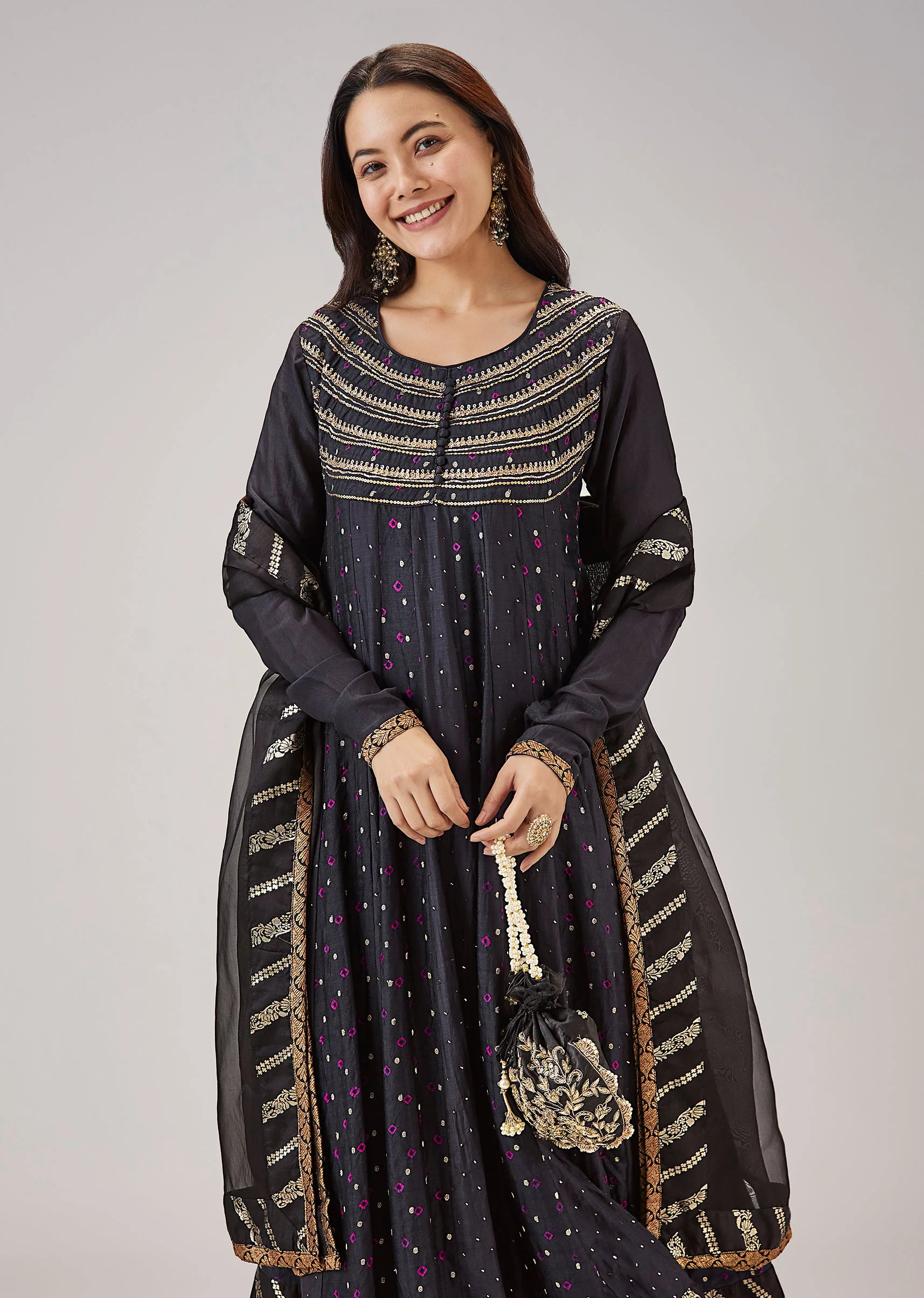 Black Bandhani Banarasi Silk Anarkali With Mukaish Work