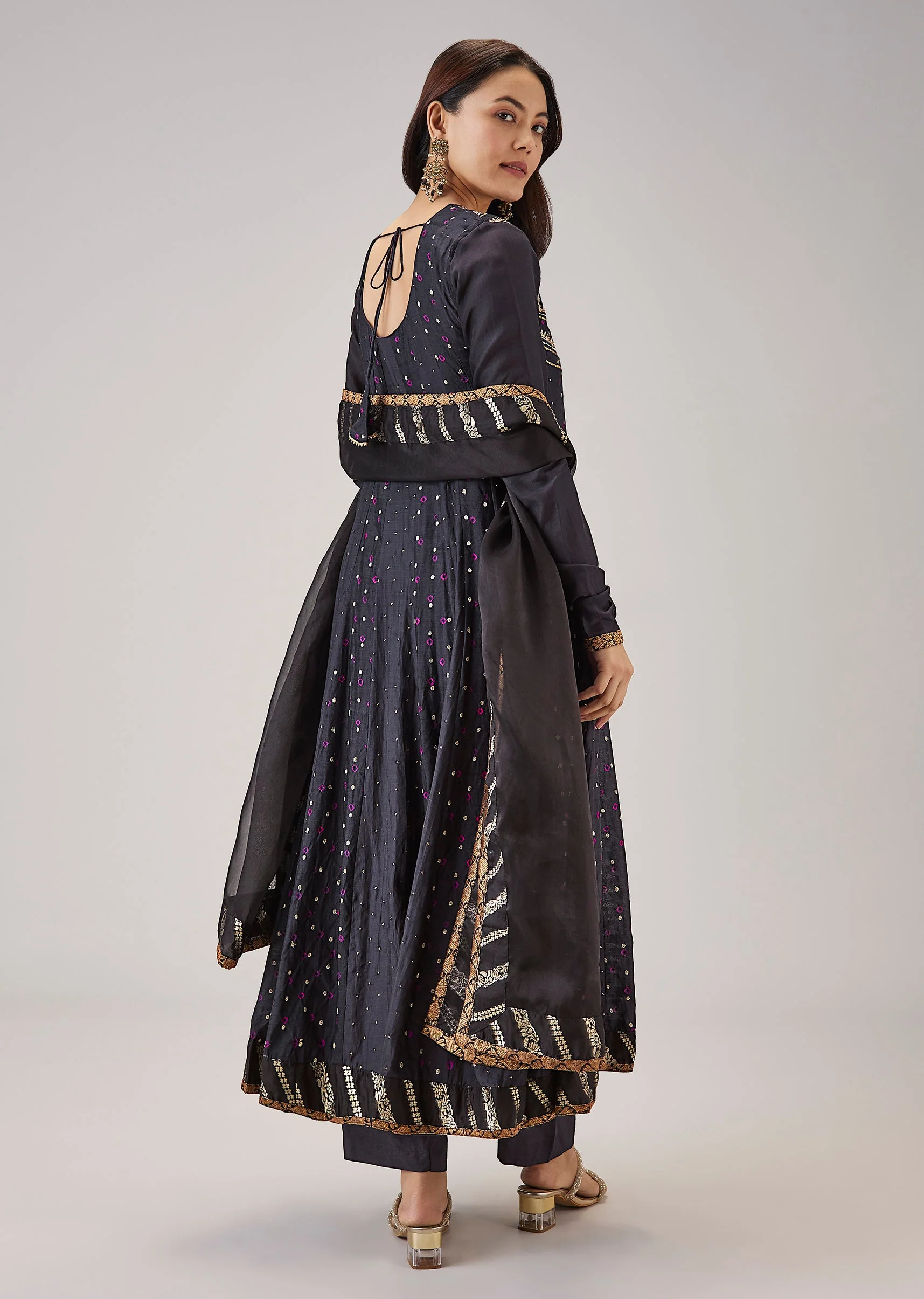 Black Bandhani Banarasi Silk Anarkali With Mukaish Work