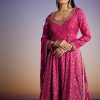 Pink Ombre Bandhani Anarkali Suit With Zardosi Neckline