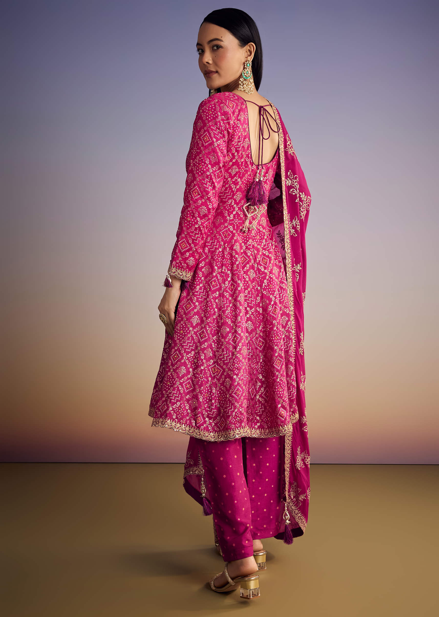Pink Ombre Bandhani Anarkali Suit With Zardosi Neckline