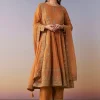 Orange Metallic Embroidered Anarkali Suit Set With Pant And Dupatta