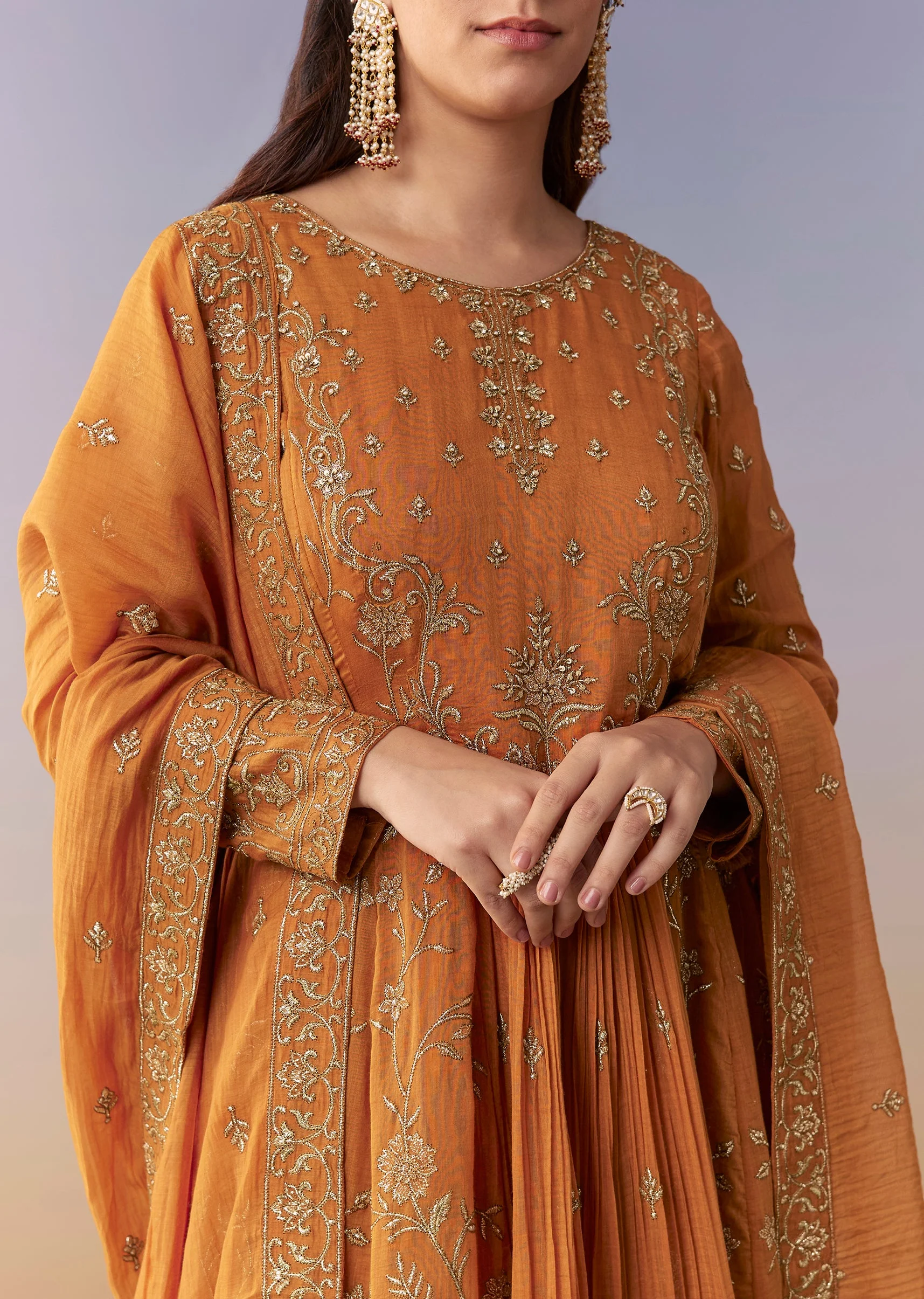 Orange Metallic Embroidered Anarkali Suit Set With Pant And Dupatta