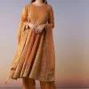 Orange Metallic Embroidered Anarkali Suit Set With Pant And Dupatta