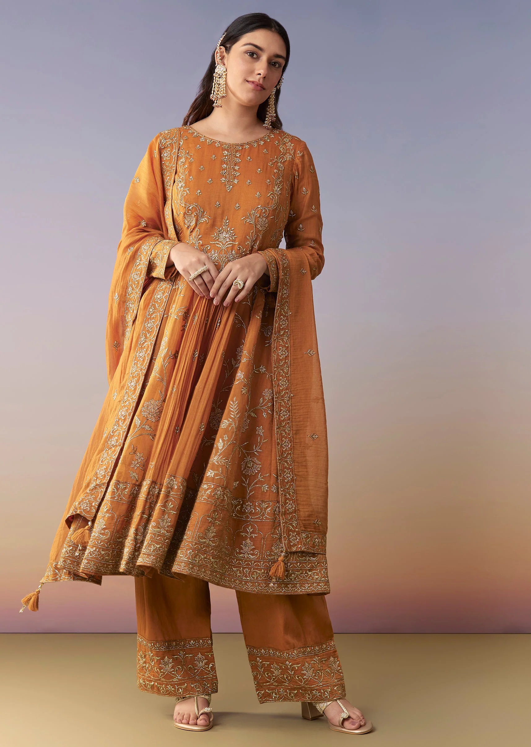 Orange Metallic Embroidered Anarkali Suit Set With Pant And Dupatta