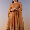 Orange Metallic Embroidered Anarkali Suit Set With Pant And Dupatta