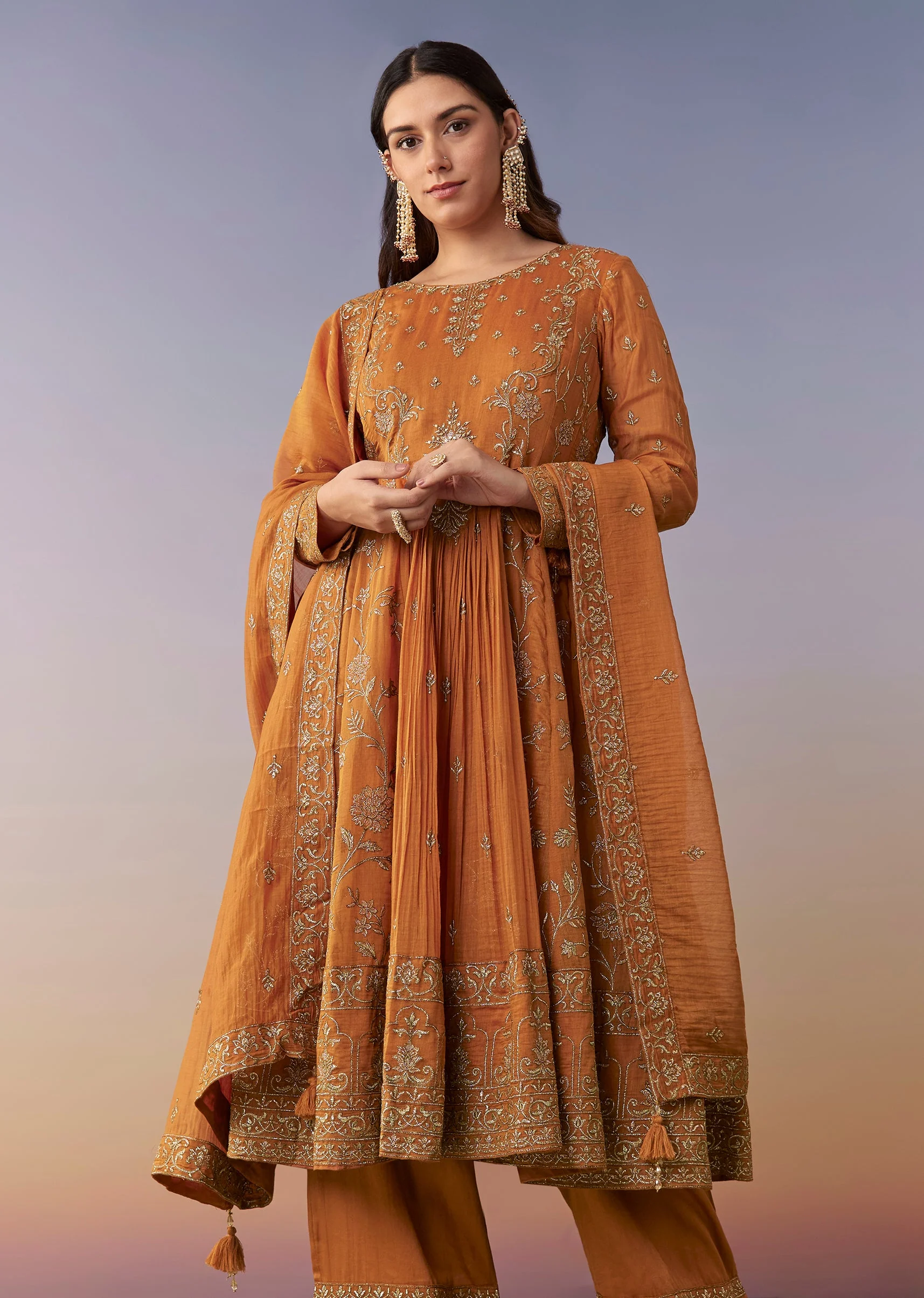 Orange Metallic Embroidered Anarkali Suit Set With Pant And Dupatta