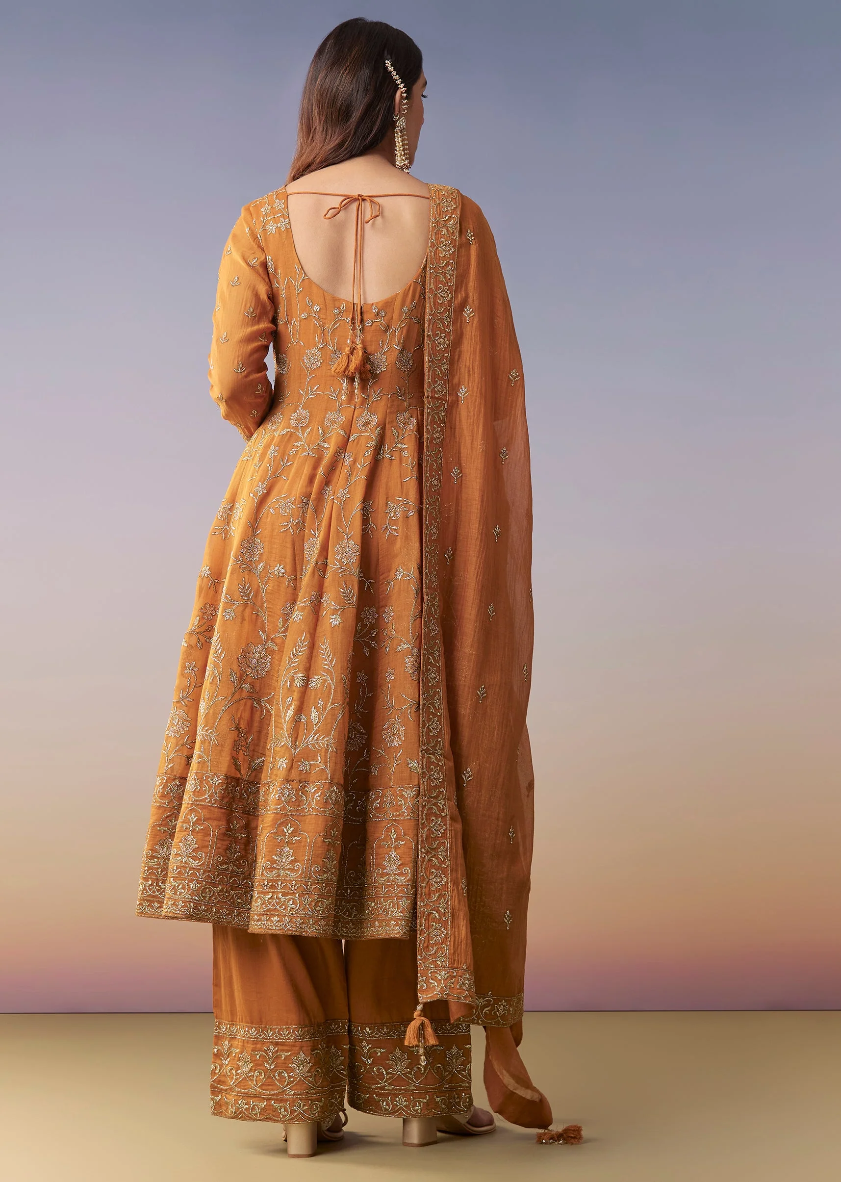 Orange Metallic Embroidered Anarkali Suit Set With Pant And Dupatta