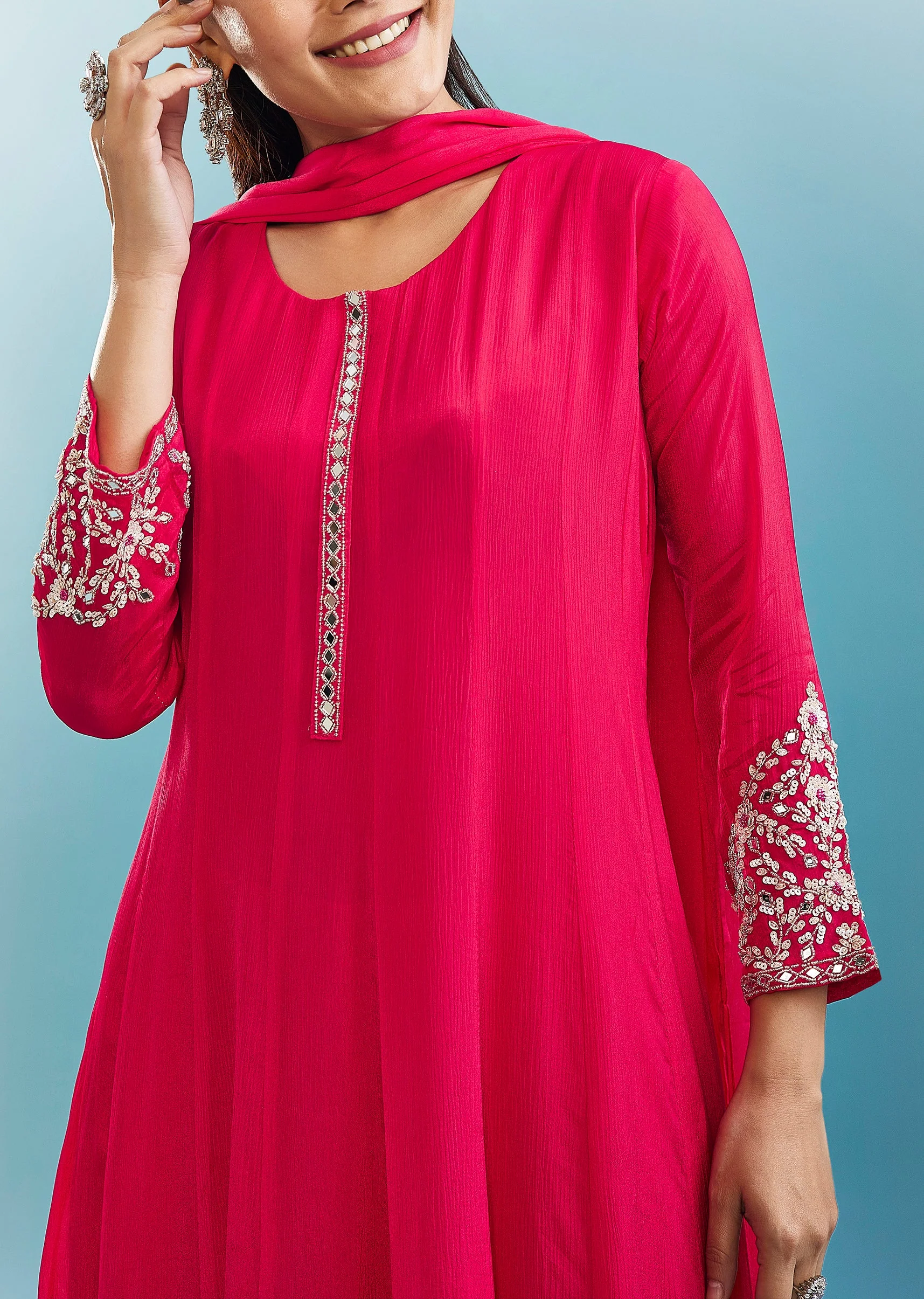 Pink Anarkali Set With Mirror And Beads Work