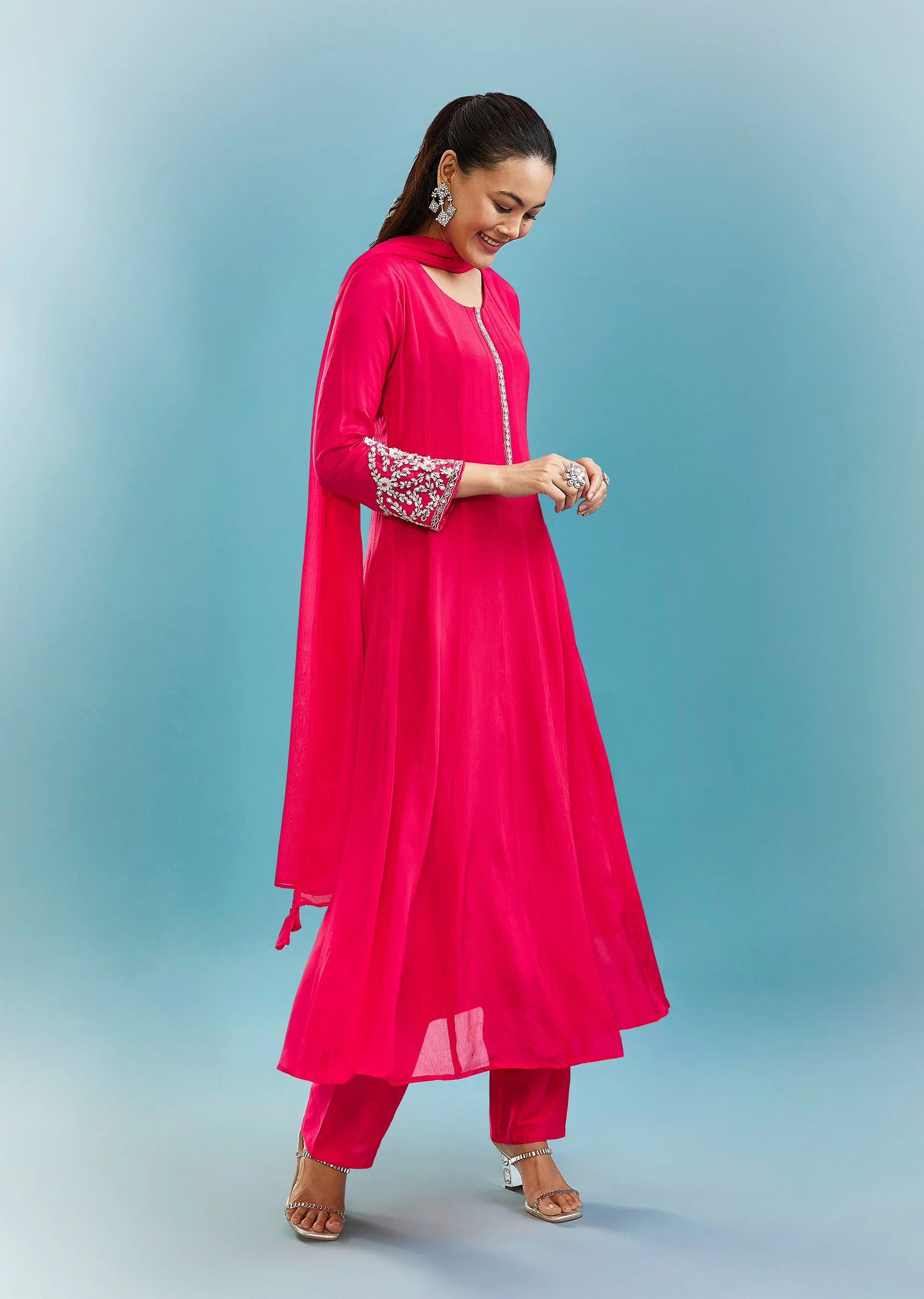 Pink Anarkali Set With Mirror And Beads Work