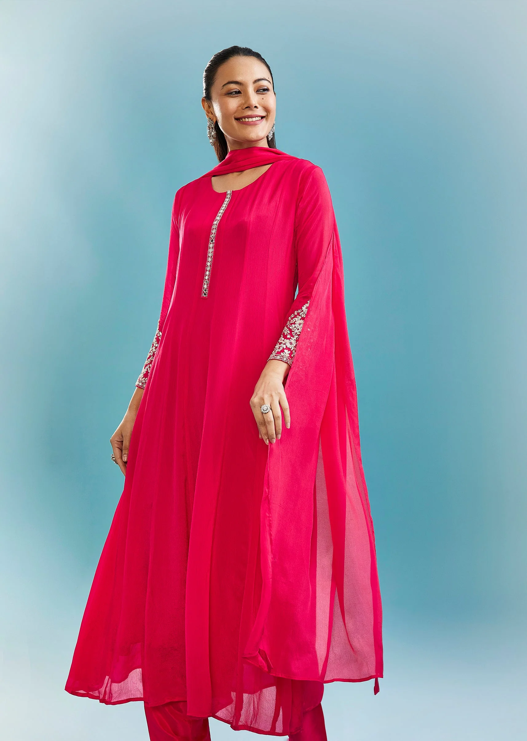 Pink Anarkali Set With Mirror And Beads Work